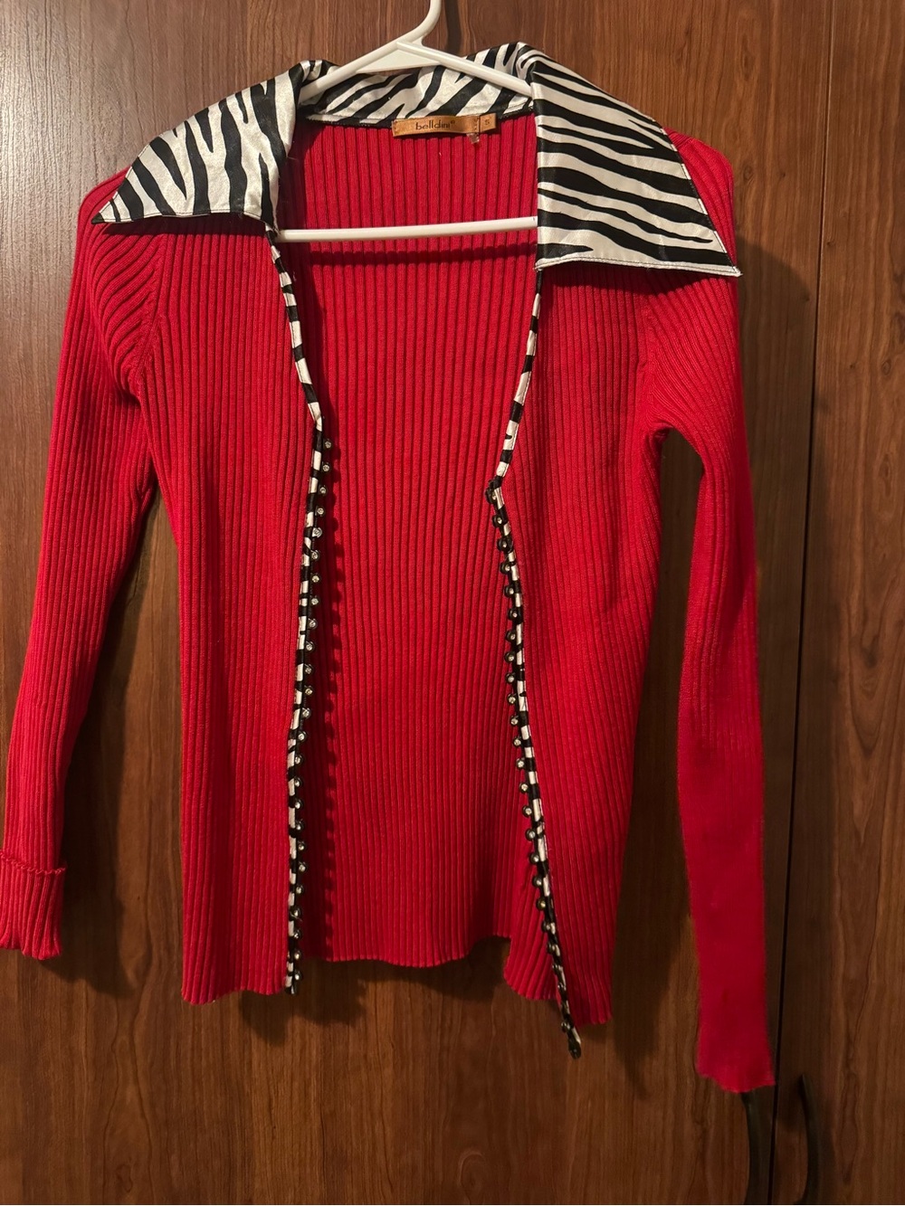 Women’s Red Ribbed Sweater with Zebra-Print Collar